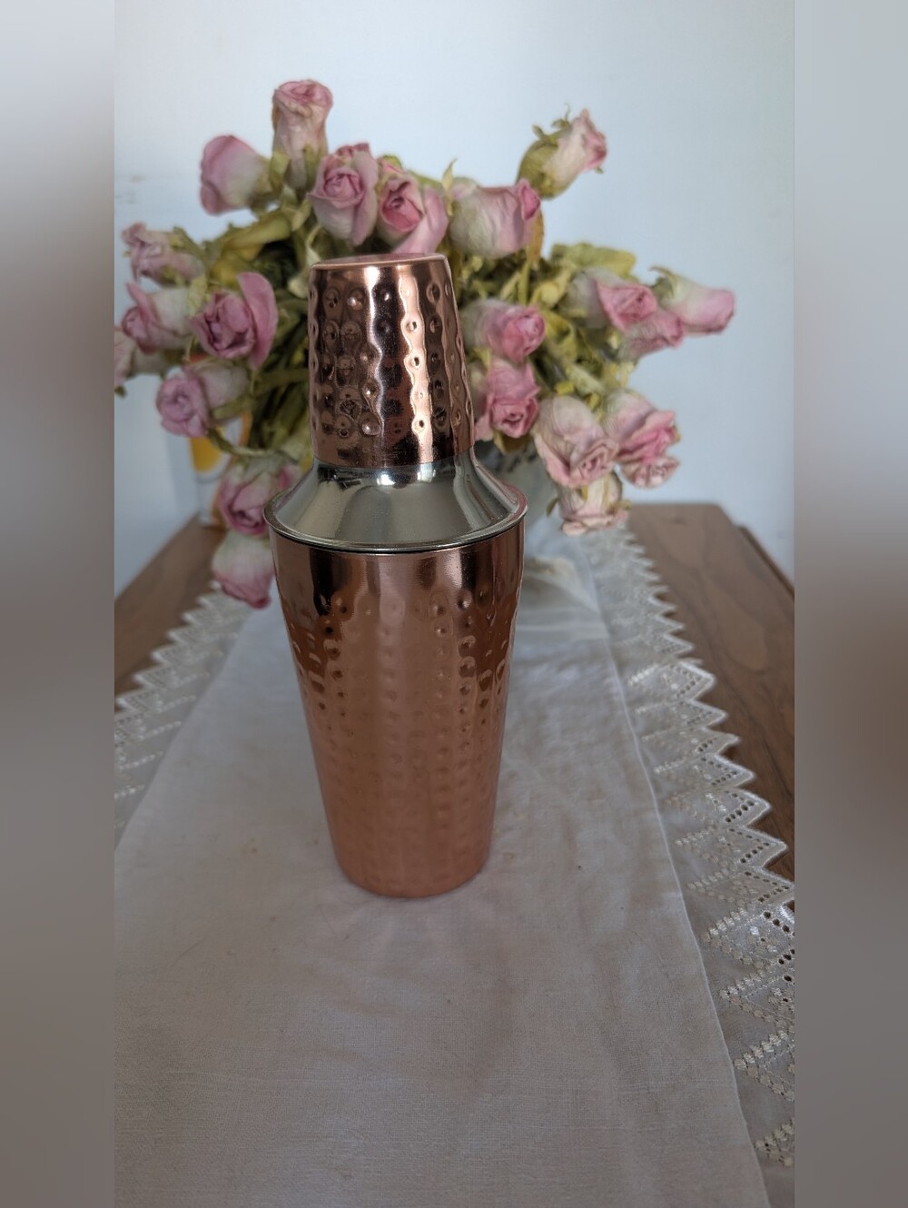 Hammered Copper Cobbler Cocktail Shaker Three Piece Barware Mixer